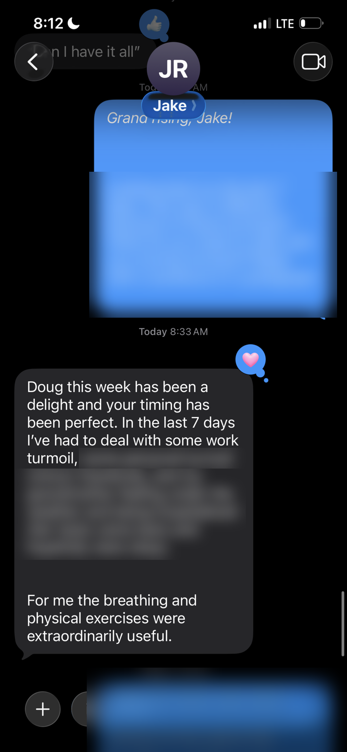 Text message from Jake about the breathing and physical exercises