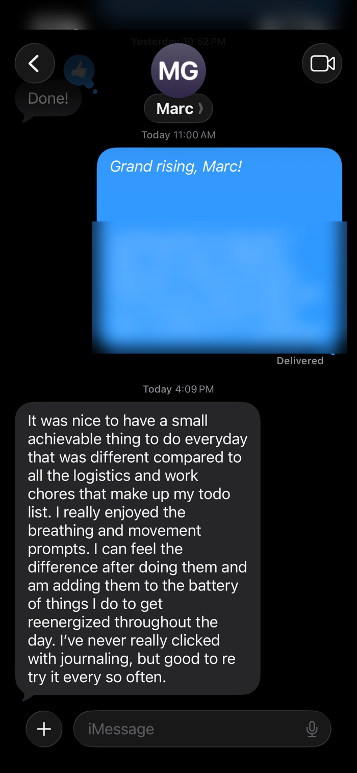 Text message from Marc about the breathing and movement prompts