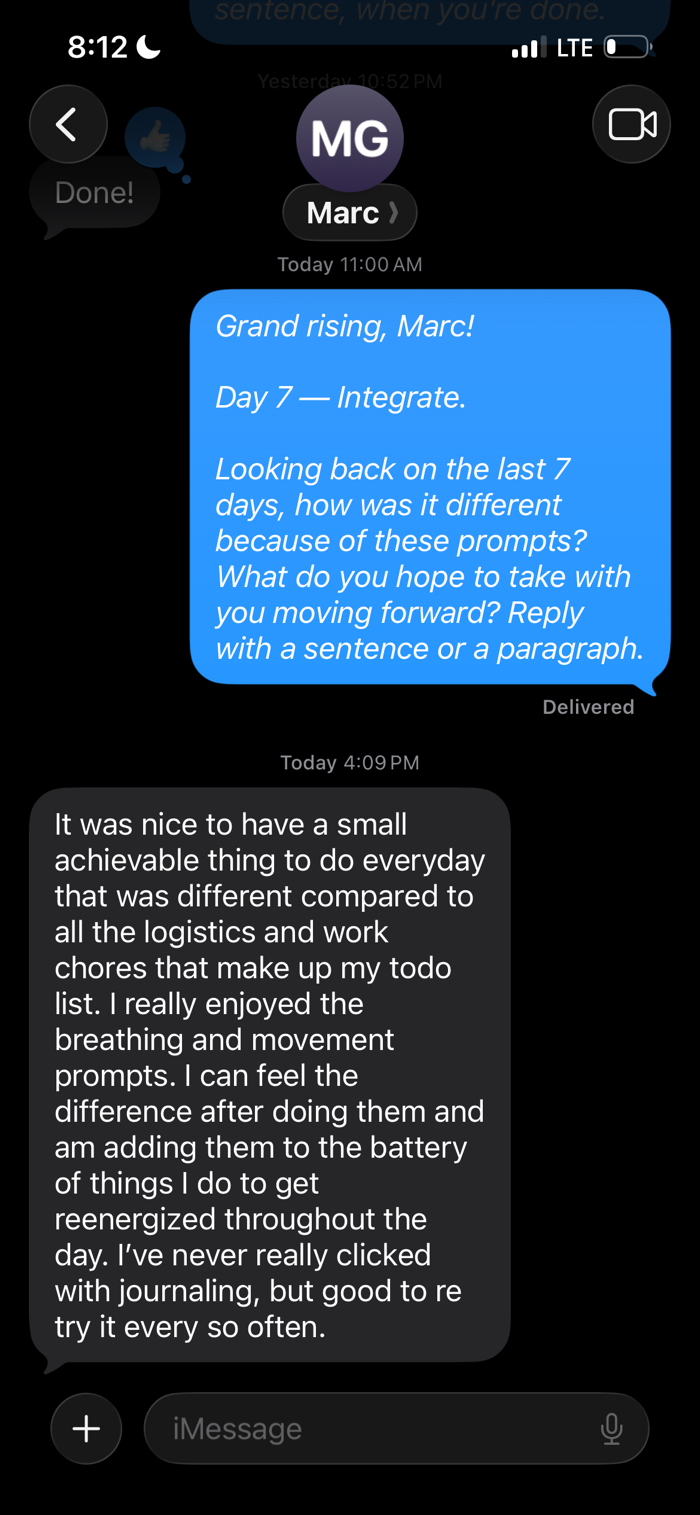 Text message from Marc about the breathing and movement prompts
